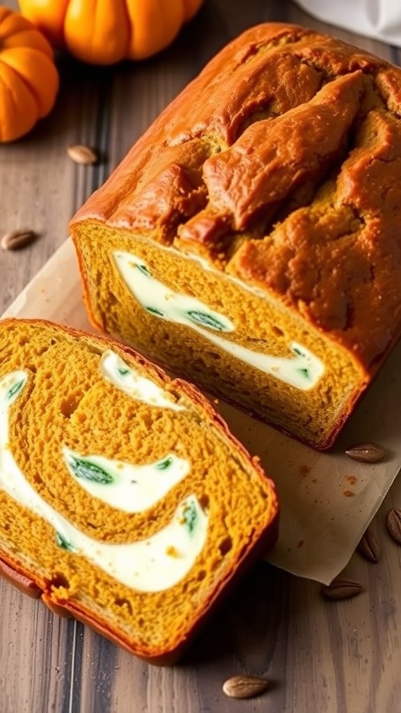 Pumpkin Cream Cheese Zucchini Bread Recipe Sliced pumpkin cream cheese zucchini bread on a wooden table, revealing cream cheese filling and zucchini flecks.
